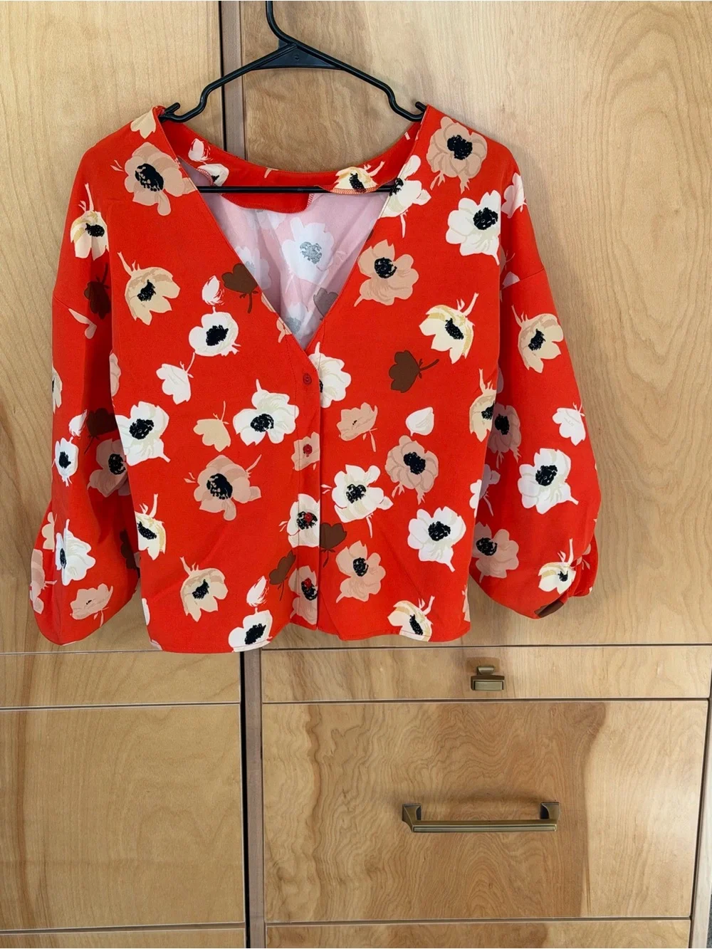 Zara Basic Red Floral V-Neck Blouse Puff-Sleeve Top, Small